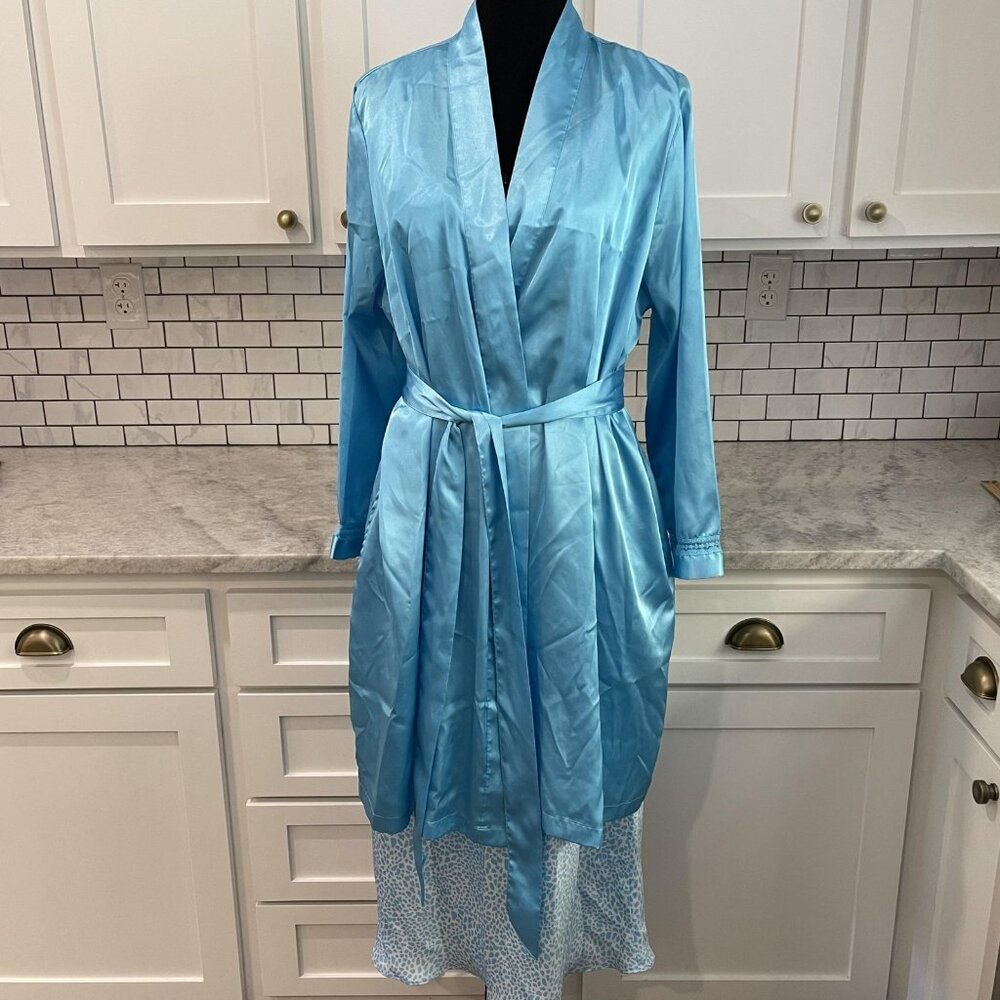 Morgan Taylor Robe Gown Set Womens Large Blue Satin Nightgown Chemise Slip